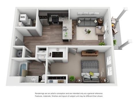 Floor plan for 1 bed, 1 bath, 730 sqft